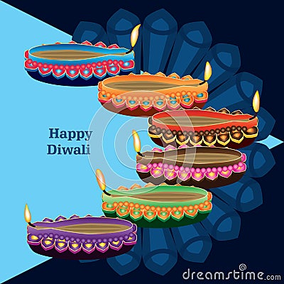 Happy diwali blue lamp colorful side card Vector Illustration