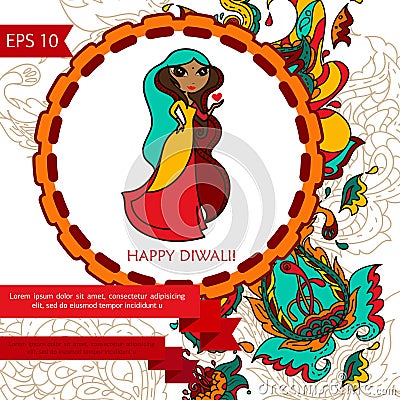 Happy diwali card with paisley ornament and cute indian woman Vector Illustration