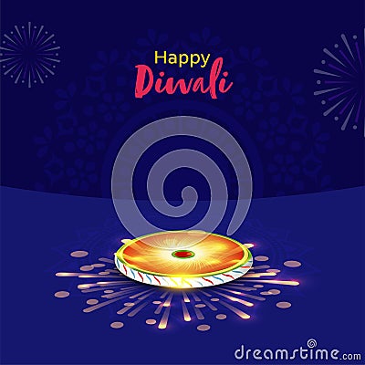 Happy Diwali Celebration Concept With Realistic Fireworks Chakri On Blue Mandala Pattern Stock Photo