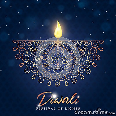 Happy diwali festival card gold indian diya candle Vector Illustration