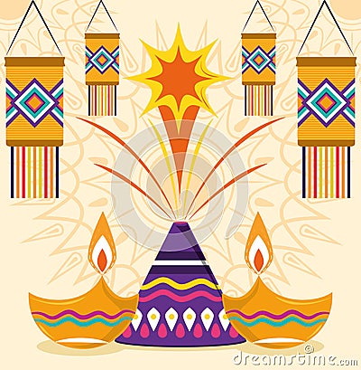 Happy diwali festival, fireworks lanterns lamps lights celebration Vector Illustration
