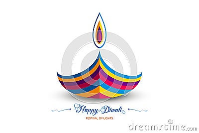 Happy Diwali Festival of Lights India Celebration colorful logo template. Graphic banner design of Indian Diya Oil Lamp, paper cut Vector Illustration