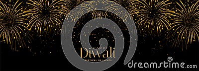 Happy diwali fireworks black and gold banner Vector Illustration