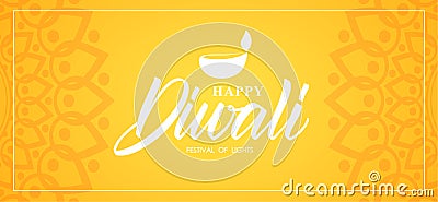 Happy Diwali. Greeting banner wit hand type lettering, Indian ornament and lamp. Vector Illustration
