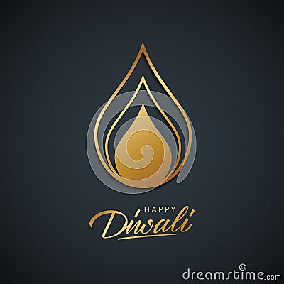 Happy Diwali greeting card for India festival of lights with gold colored hand lettering greetings. Vector Illustration