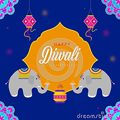 Happy Diwali Greeting Card with Pair of Elephant Illustration, Indian Sweet (Laddu) Plate Stock Photo