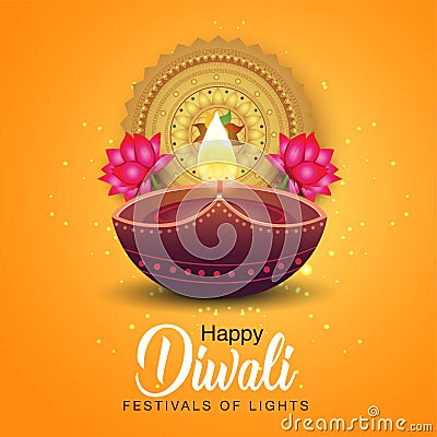 Happy diwali greetings. diya decoration with Rangoli design. vector illustration Vector Illustration