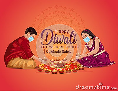 Happy Diwali greetings vector illustration. illustration of children`s making Rangoli and diya decoration. covid corona virus Vector Illustration