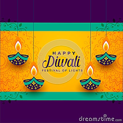 Happy diwali hanging decorative diya background design Vector Illustration