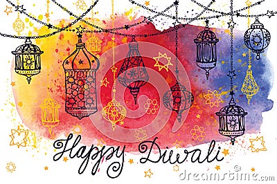 Happy Diwali hanging lamps and Watercolor splash