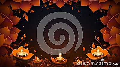 Happy Diwali, Hindu festival of lights celebration background. Glowing candles and flowers for Indian holiday Diwali Stock Photo