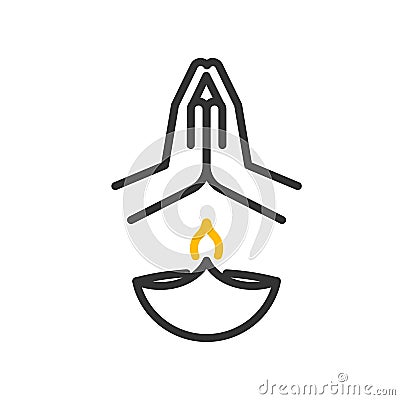Happy diwali icon. Vector thin line illustration with lamp, flame and hands praying Vector Illustration