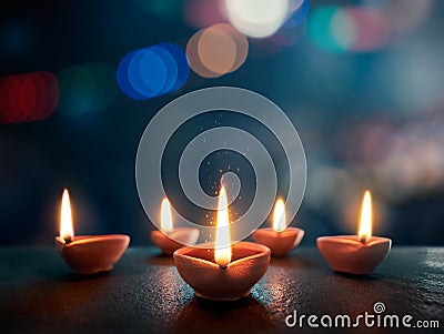 Lit diya lamp on an abstract background with shallow depth of field Stock Photo