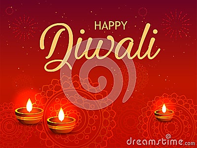 Happy Diwali poster, header, banner or greeting card design with illustration of illuminated oil lamp, diwali Vector Illustration