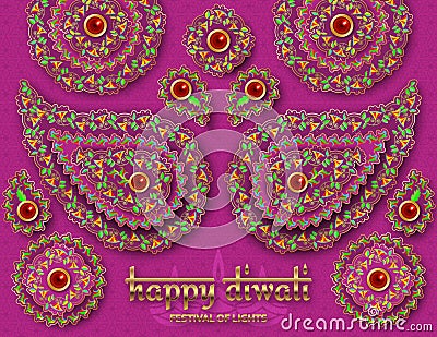 Happy Diwali purple template with floral paisley and mandala. Flower and leaves patterns. Festival of lights. Greeting Vector Illustration