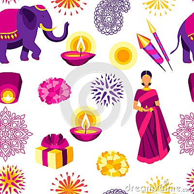 Happy Diwali seamless pattern. Deepavali or dipavali festival of lights. Vector Illustration