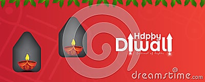 Happy Diwali. social media header website or banner design with oil lamp on red background for Diwali Festival celebrate Vector Illustration