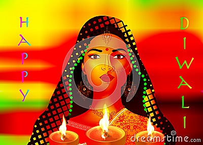 Happy Diwali. Traditional Indian Festival Background of Indian ethnic woman dancer with Burning Lamp, illustration Vector Illustration