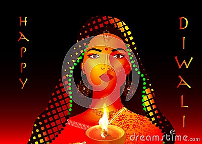 Happy Diwali. Traditional Indian Festival Background of Indian ethnic woman dancer with Burning Lamp, illustration Vector Illustration