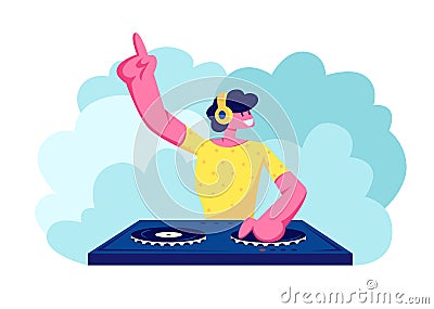 Happy Dj Male Character in Yellow Shirt with Headphones on Head Playing and Mixing Music at Night Club Disco Party. Fun, Youth Vector Illustration