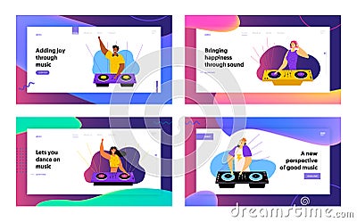 Happy Dj Male and Female Characters Website Landing Page Set. Men and Women with Headphones Playing and Mixing Music Vector Illustration