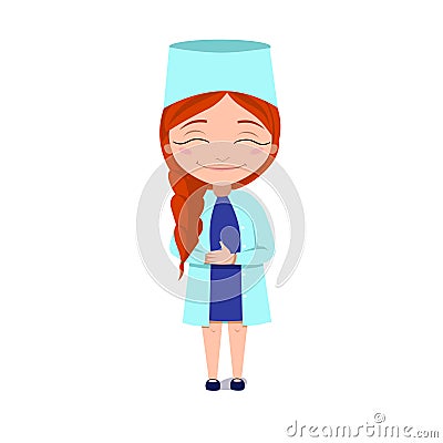 A happy doctor in a blue lab coat. The red-haired girl smiles. Vector illustration on a white isolated background. Stock Vector Illustration