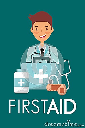 Happy doctor and first aid suitcase medicine care Vector Illustration