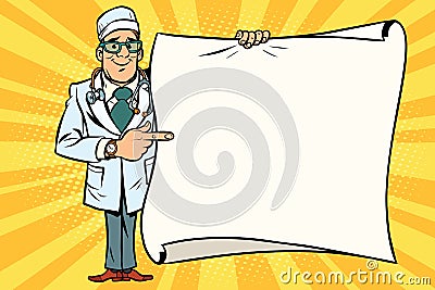 Happy doctor with glasses and copy space background Vector Illustration