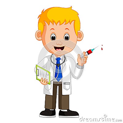 Happy Doctor Holding Syringe Vector Illustration