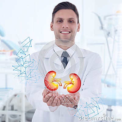 Happy doctor holding virtual image of kidneys indoors Stock Photo