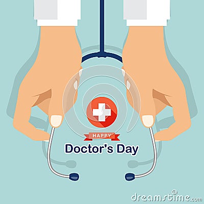 Happy doctor`s day with hand`s doctor hold stethoscope and white cross plus in red circle sign vector design Vector Illustration