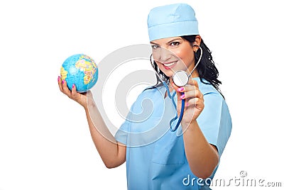 Happy doctor woman with globe and stethoscope Stock Photo