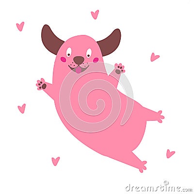 Happy dog. Cartoon funny pink puppy jump in hearts Vector Illustration