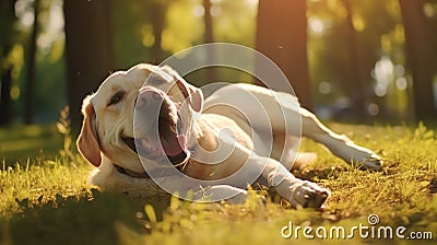 Happy dog on green grass with fish eye lens Stock Photo