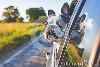 Happy dog looking out of car window, Cute dog enjoying road trip at sunny summer day Stock Photo