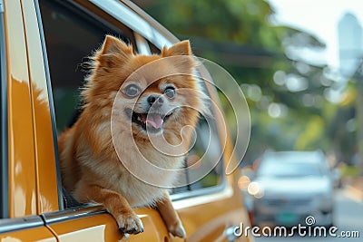 Happy dog looking out of car window, Cute dog enjoying road trip at sunny summer day Stock Photo