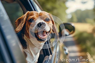 Happy dog looking out of car window, Cute dog enjoying road trip at sunny summer day Stock Photo