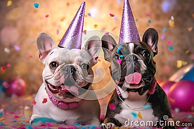 Happy dog with paty hat and balloons. Party, birthday, celebration concept. Stock Photo