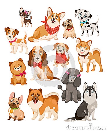 Happy dogs. Cute puppy pets and home funny animals cartoon isolated dog vector set Vector Illustration