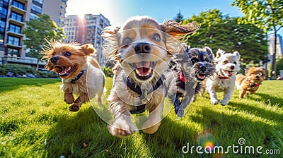 Happy dogs running towards the camera. Stock Photo