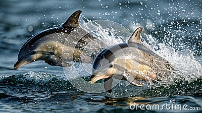 a pair of happy dolphins jump out of the water showing themself Stock Photo