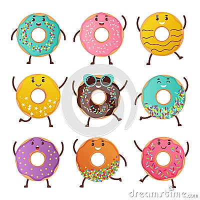 Happy donut characters. Cartoon sweet round desserts. Smiling food mascots waving hands. Baked products set decorated Vector Illustration