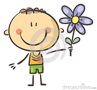 Happy doodle boy with flower. Cartoon kid clipart Vector Illustration