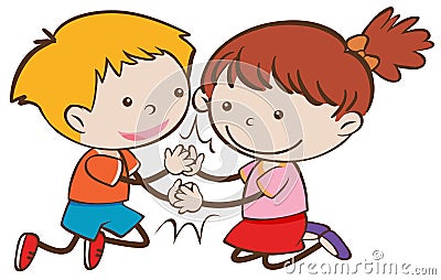 Happy Doodle Boy and Girl Playing Patty Cake Vector Illustration