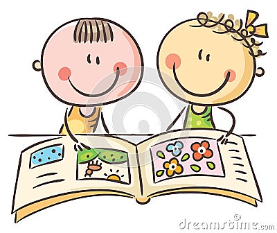 Happy doodle kids reading a book together at the table Vector Illustration