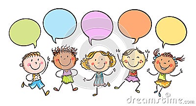 Happy doodle kids in a row with speech bubbles Vector Illustration