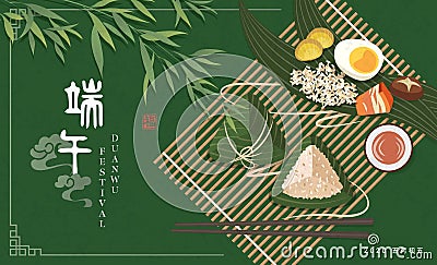Happy Dragon Boat Festival background template traditional food rice dumpling bamboo leaf realgar wine and filling stuffing. Vector Illustration