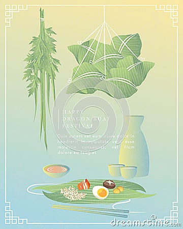 Happy Dragon Boat Festival background template traditional food rice dumpling stuffing realgar wine bamboo leaf and wormwood Vector Illustration