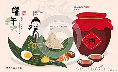 Happy Dragon Boat Festival poet Qu Yuan and traditional food rice dumpling and realgar wine. Chinese translation : Duanwu wine Qu Vector Illustration