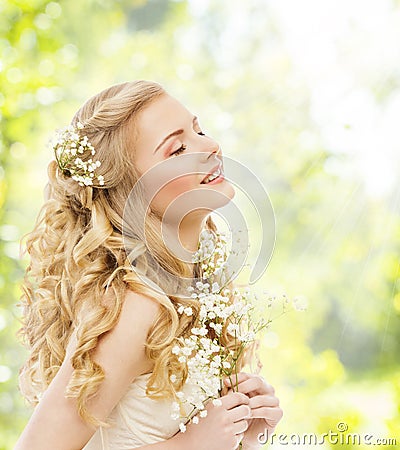 Happy Dreaming Woman, Young Girl with Flower, Closed Eyes Stock Photo